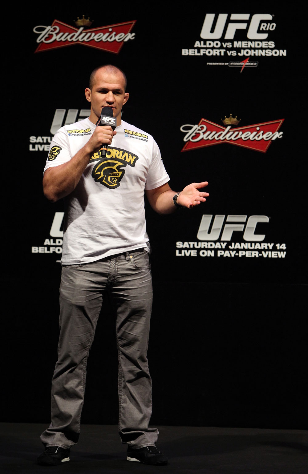 RIO DE JANEIRO, BRAZIL - JANUARY 13: UFC Heavyweight Champion Junior dos Santos interacts with fans during a Q&A session before the UFC 142 Weigh In at HSBC Arena on January 13, 2012 in Rio de Janeiro, Brazil. (Photo by Josh Hedges/Zuffa LLC/Zuffa LLC via Getty Images)