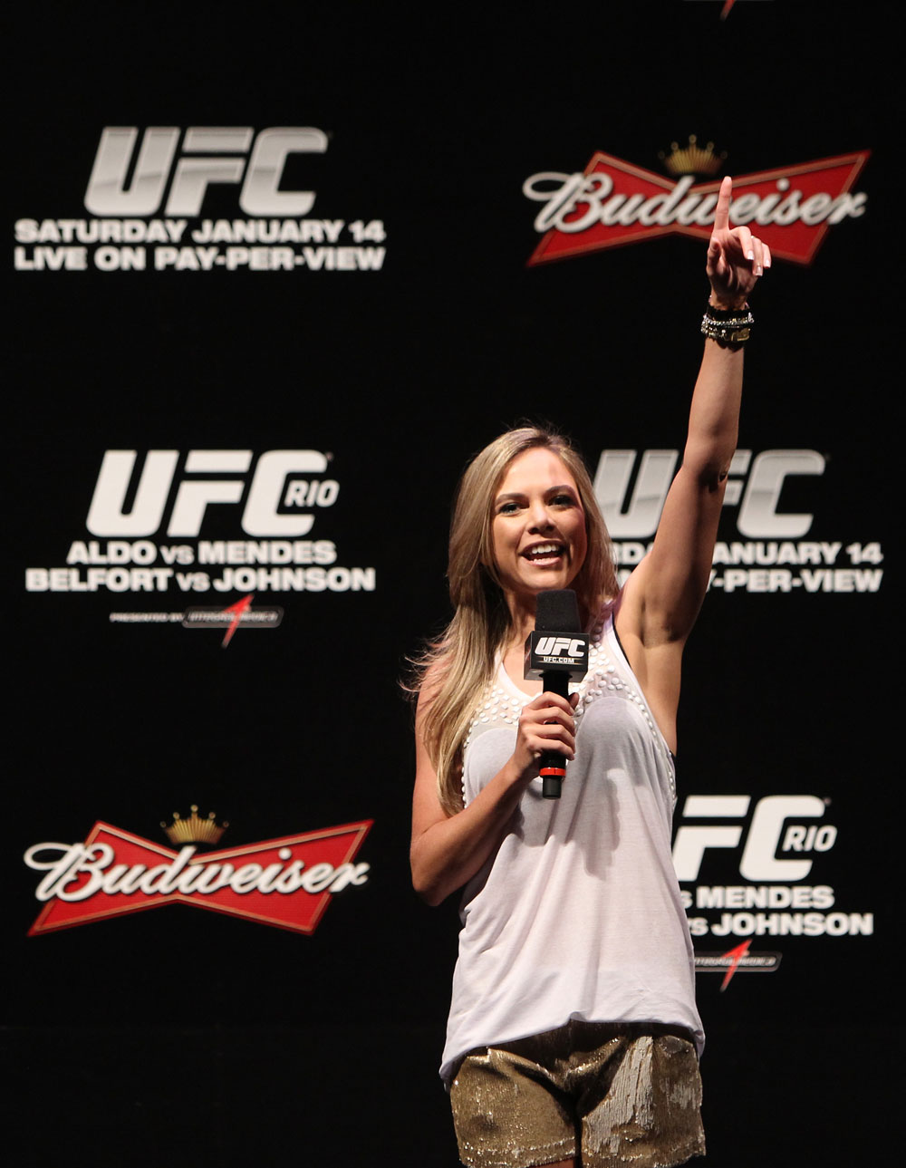 RIO DE JANEIRO, BRAZIL - JANUARY 13: UFC Brazil host Paula Sack conducts a Q&A session with UFC Heavyweight Champion Junior dos Santos before the UFC 142 Weigh In at HSBC Arena on January 13, 2012 in Rio de Janeiro, Brazil. (Photo by Josh Hedges/Zuffa LLC/Zuffa LLC via Getty Images)