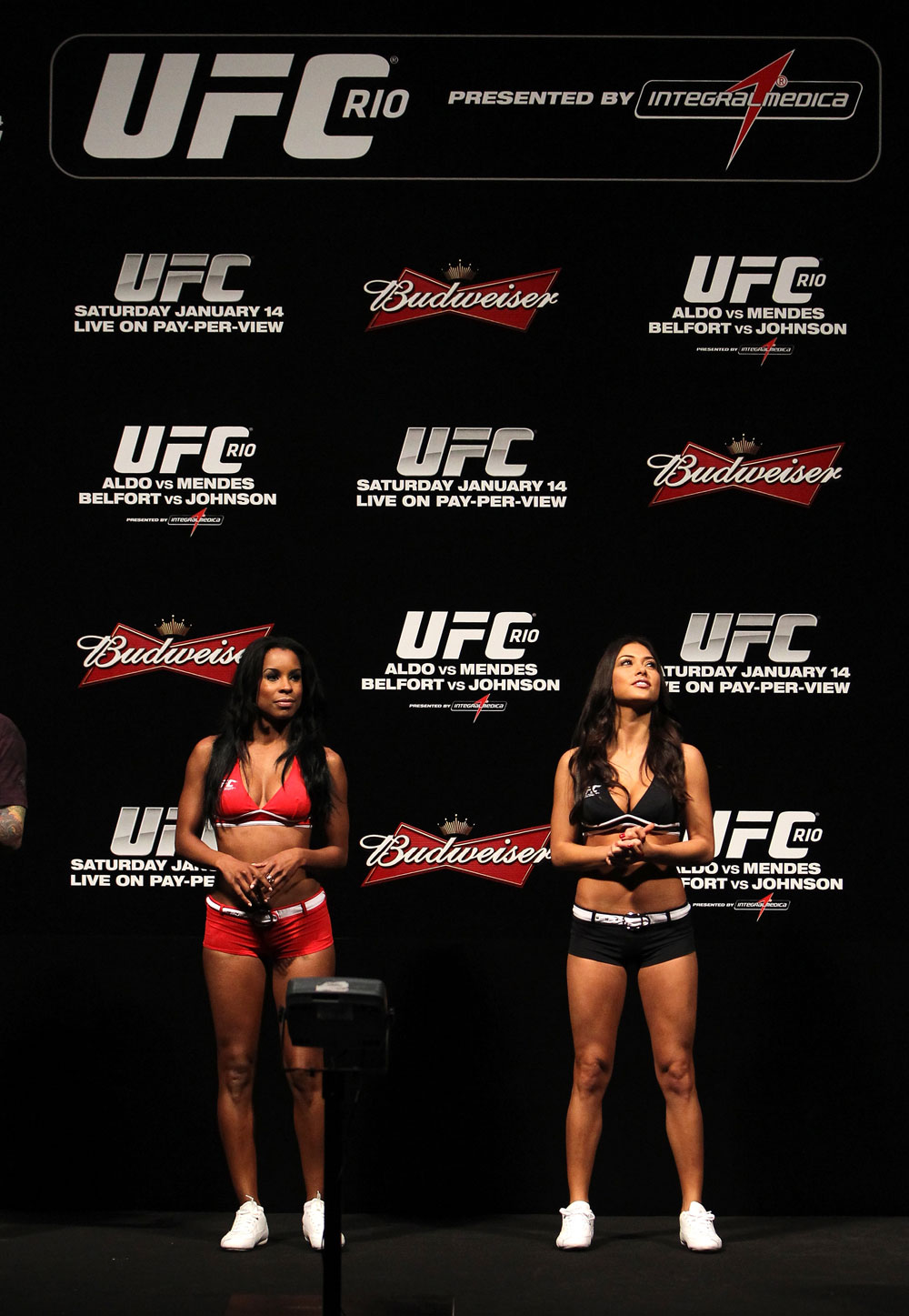 RIO DE JANEIRO, BRAZIL - JANUARY 13: (L-R) UFC Octagon Girls Chandella Powell and Arianny Celeste attend the UFC 142 Weigh In at HSBC Arena on January 13, 2012 in Rio de Janeiro, Brazil. (Photo by Josh Hedges/Zuffa LLC/Zuffa LLC via Getty Images)