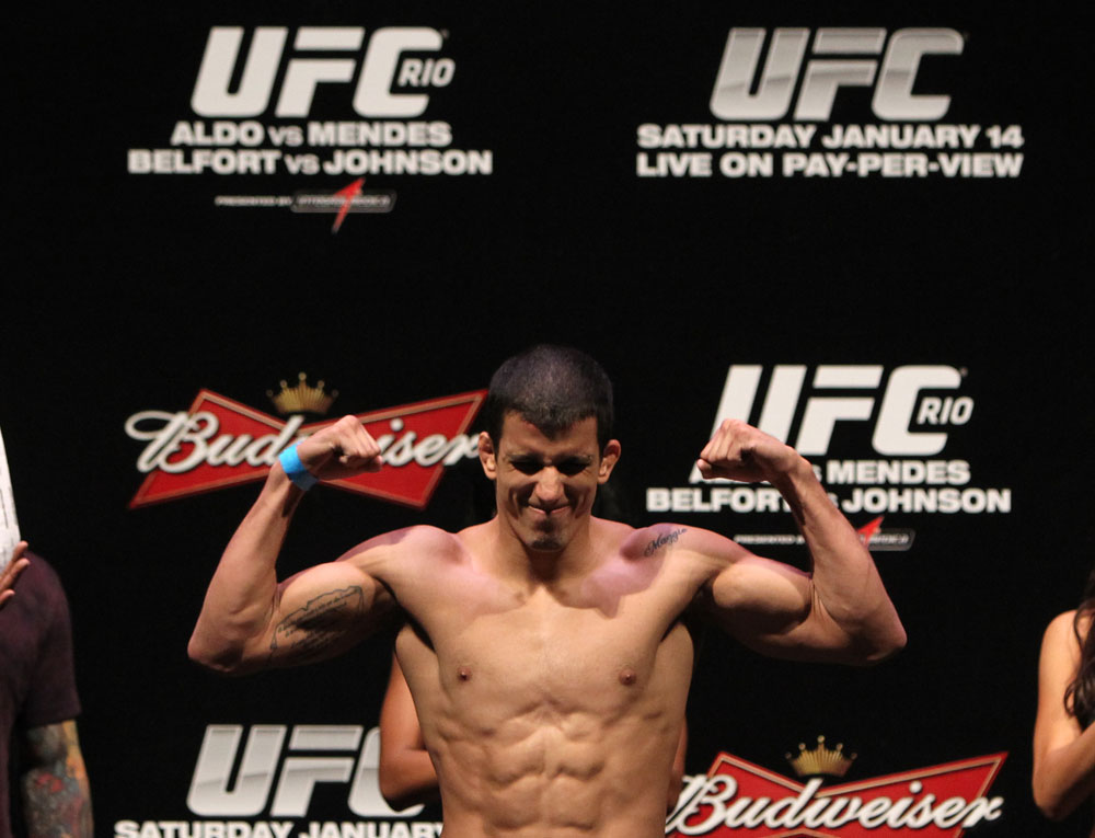 RIO DE JANEIRO, BRAZIL - JANUARY 13: Felipe Arantes weighs in during the UFC 142 Weigh In at HSBC Arena on January 13, 2012 in Rio de Janeiro, Brazil. (Photo by Josh Hedges/Zuffa LLC/Zuffa LLC via Getty Images)