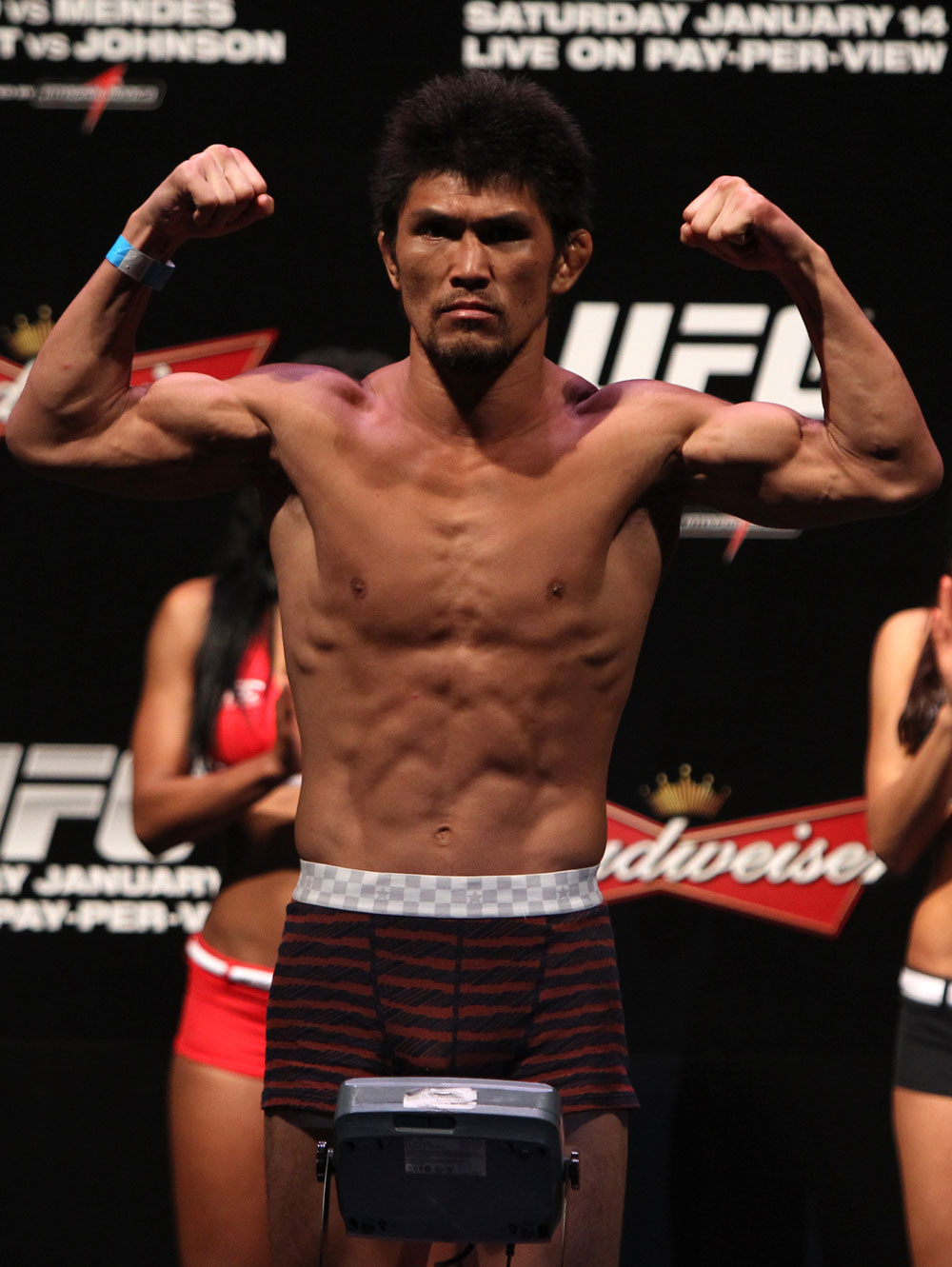 RIO DE JANEIRO, BRAZIL - JANUARY 13:  Michihiro Omigawa weighs in during the UFC 142 Weigh In at HSBC Arena on January 13, 2012 in Rio de Janeiro, Brazil.  (Photo by Josh Hedges/Zuffa LLC/Zuffa LLC via Getty Images)