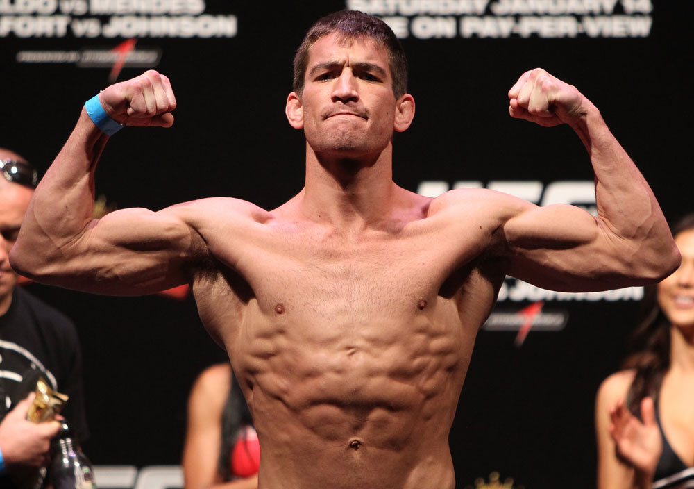 RIO DE JANEIRO, BRAZIL - JANUARY 13: Sam Stout weighs in during the UFC 142 Weigh In at HSBC Arena on January 13, 2012 in Rio de Janeiro, Brazil. (Photo by Josh Hedges/Zuffa LLC/Zuffa LLC via Getty Images)