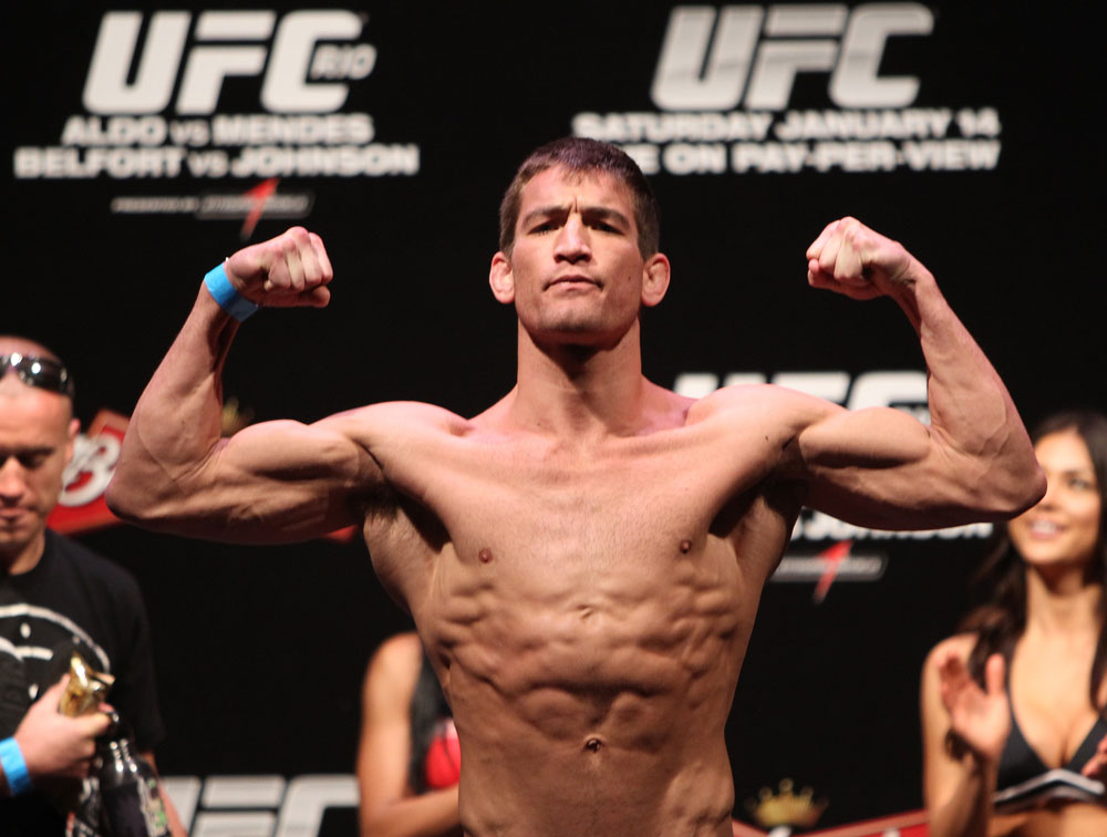 RIO DE JANEIRO, BRAZIL - JANUARY 13: Sam Stout weighs in during the UFC 142 Weigh In at HSBC Arena on January 13, 2012 in Rio de Janeiro, Brazil. (Photo by Josh Hedges/Zuffa LLC/Zuffa LLC via Getty Images)