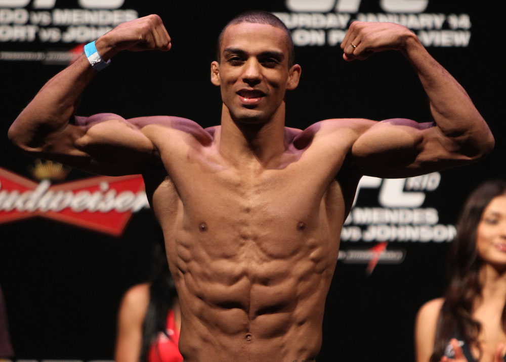 RIO DE JANEIRO, BRAZIL - JANUARY 13: Edson Barboza weighs in during the UFC 142 Weigh In at HSBC Arena on January 13, 2012 in Rio de Janeiro, Brazil. (Photo by Josh Hedges/Zuffa LLC/Zuffa LLC via Getty Images)