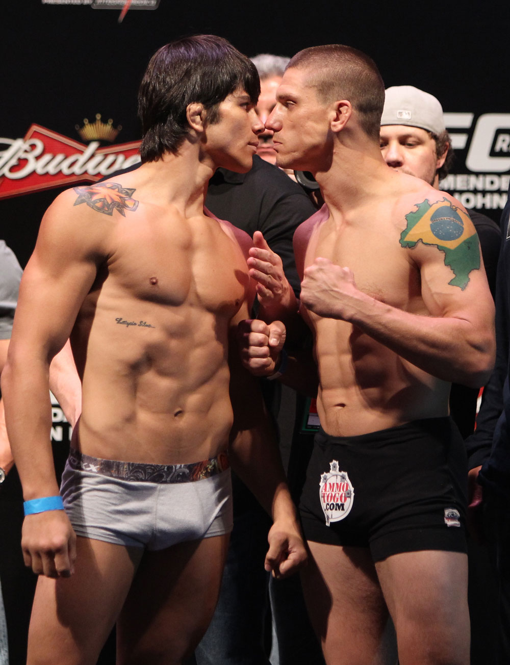 RIO DE JANEIRO, BRAZIL - JANUARY 13: (L-R) Opponents Erick Silva and Carlo Prater face off after weighing in during the UFC 142 Weigh In at HSBC Arena on January 13, 2012 in Rio de Janeiro, Brazil. (Photo by Josh Hedges/Zuffa LLC/Zuffa LLC via Getty Images)