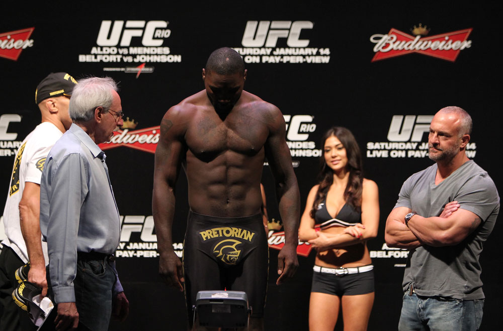 RIO DE JANEIRO, BRAZIL - JANUARY 13: Anthony Johnson weighs in during the UFC 142 Weigh In at HSBC Arena on January 13, 2012 in Rio de Janeiro, Brazil. (Photo by Josh Hedges/Zuffa LLC/Zuffa LLC via Getty Images)