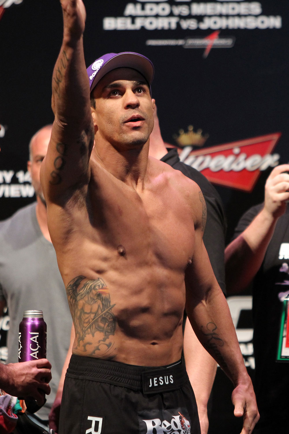RIO DE JANEIRO, BRAZIL - JANUARY 13: Vitor Belfort salutes the crowd after weighing in during the UFC 142 Weigh In at HSBC Arena on January 13, 2012 in Rio de Janeiro, Brazil. (Photo by Josh Hedges/Zuffa LLC/Zuffa LLC via Getty Images)