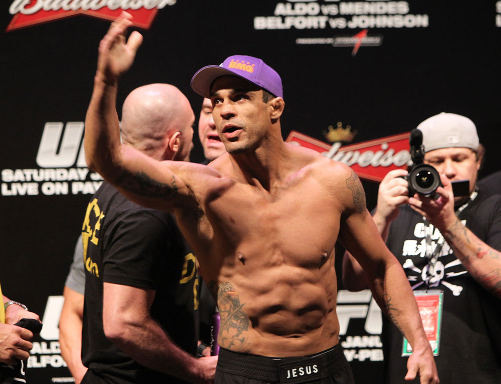 RIO DE JANEIRO, BRAZIL - JANUARY 13: Vitor Belfort salutes the crowd after weighing in during the UFC 142 Weigh In at HSBC Arena on January 13, 2012 in Rio de Janeiro, Brazil. (Photo by Josh Hedges/Zuffa LLC/Zuffa LLC via Getty Images)