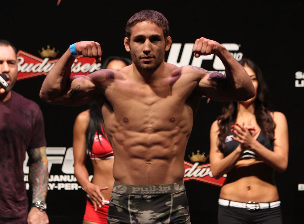 RIO DE JANEIRO, BRAZIL - JANUARY 13: Chad Mendes weighs in during the UFC 142 Weigh In at HSBC Arena on January 13, 2012 in Rio de Janeiro, Brazil. (Photo by Josh Hedges/Zuffa LLC/Zuffa LLC via Getty Images)