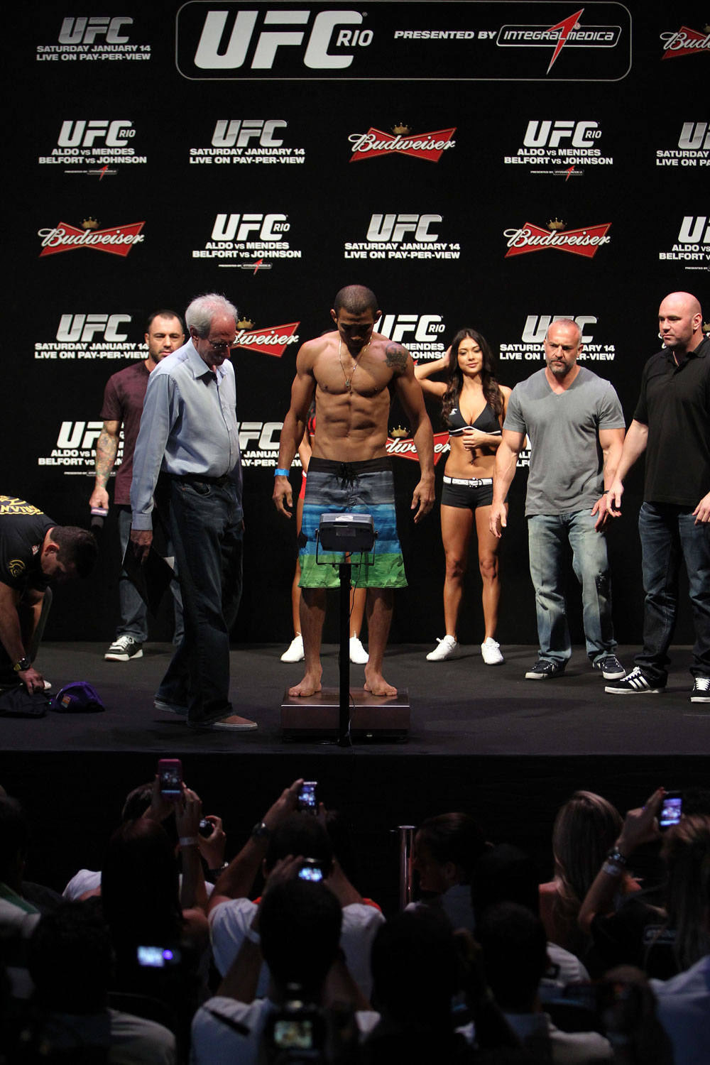 RIO DE JANEIRO, BRAZIL - JANUARY 13: UFC Featherweight Champion Jose Aldo weighs in during the UFC 142 Weigh In at HSBC Arena on January 13, 2012 in Rio de Janeiro, Brazil. (Photo by Josh Hedges/Zuffa LLC/Zuffa LLC via Getty Images)