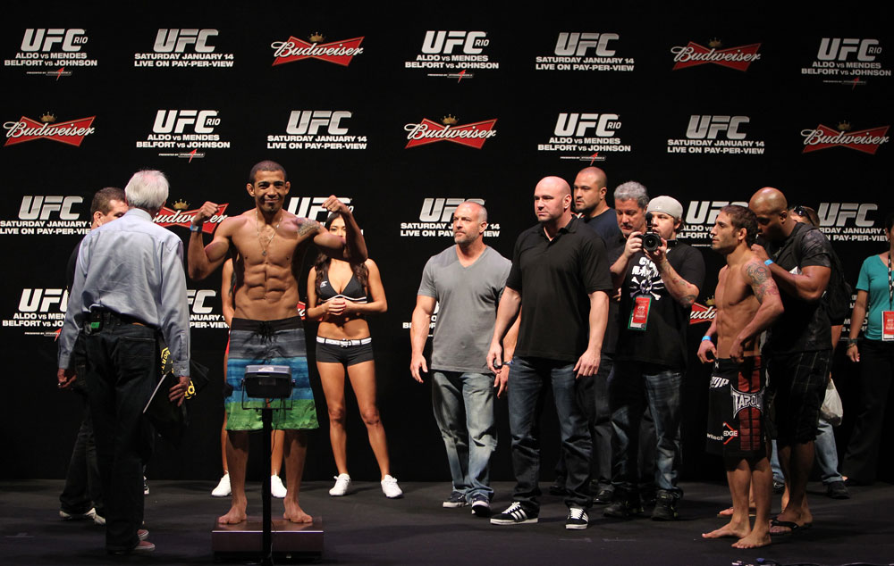RIO DE JANEIRO, BRAZIL - JANUARY 13: UFC Featherweight Champion Jose Aldo weighs in during the UFC 142 Weigh In at HSBC Arena on January 13, 2012 in Rio de Janeiro, Brazil. (Photo by Josh Hedges/Zuffa LLC/Zuffa LLC via Getty Images)