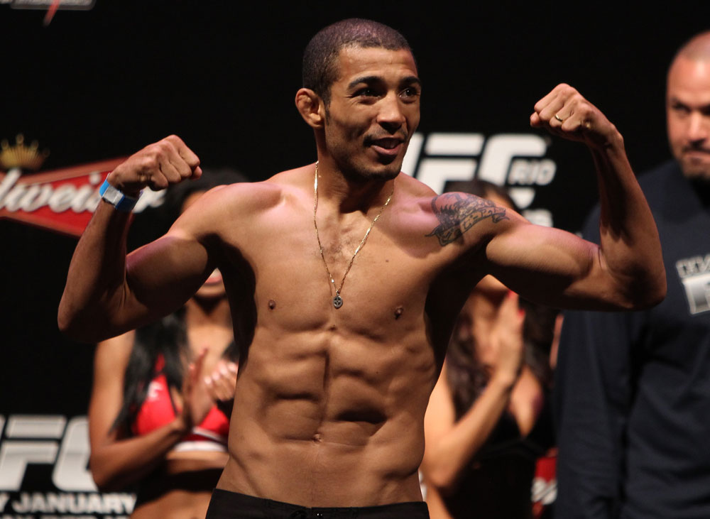 RIO DE JANEIRO, BRAZIL - JANUARY 13: UFC Featherweight Champion Jose Aldo weighs in during the UFC 142 Weigh In at HSBC Arena on January 13, 2012 in Rio de Janeiro, Brazil. (Photo by Josh Hedges/Zuffa LLC/Zuffa LLC via Getty Images)