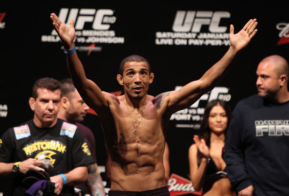 RIO DE JANEIRO, BRAZIL - JANUARY 13: UFC Featherweight Champion Jose Aldo weighs in during the UFC 142 Weigh In at HSBC Arena on January 13, 2012 in Rio de Janeiro, Brazil. (Photo by Josh Hedges/Zuffa LLC/Zuffa LLC via Getty Images)