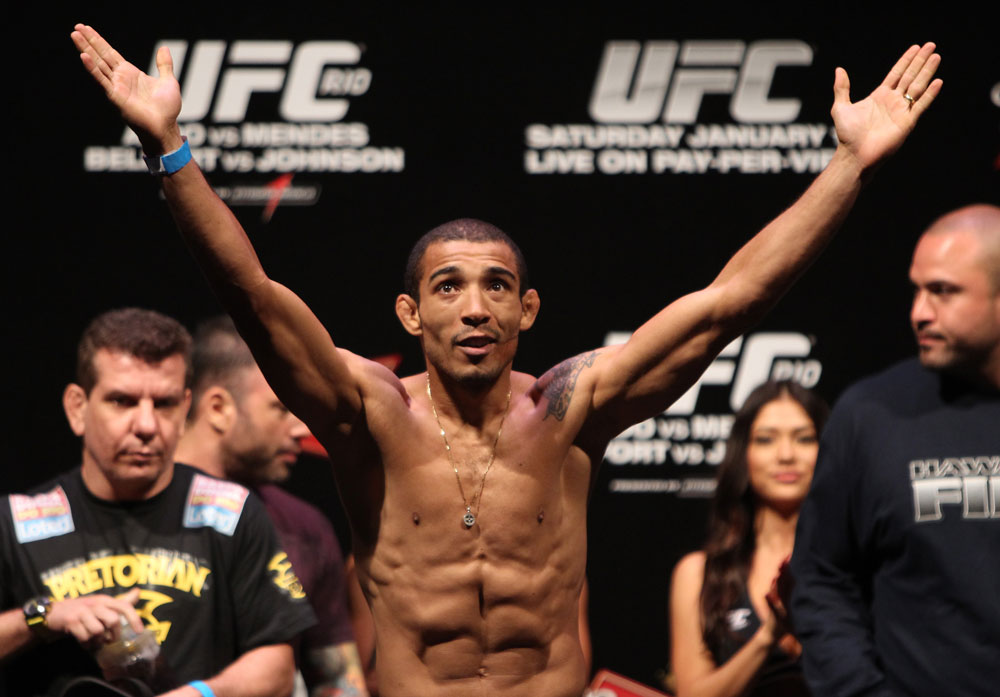 RIO DE JANEIRO, BRAZIL - JANUARY 13: UFC Featherweight Champion Jose Aldo weighs in during the UFC 142 Weigh In at HSBC Arena on January 13, 2012 in Rio de Janeiro, Brazil. (Photo by Josh Hedges/Zuffa LLC/Zuffa LLC via Getty Images)