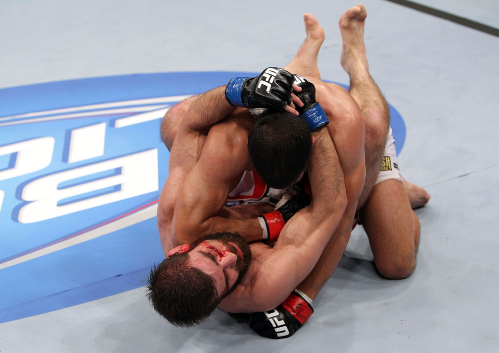 RIO DE JANEIRO, BRAZIL - JANUARY 14: Felipe Arantes (Top) elbows Antonio Carvalho (Bottom) in a featherweight bout during UFC 142 at HSBC Arena on January 14, 2012 in Rio de Janeiro, Brazil. (Photo by Josh Hedges/Zuffa LLC/Zuffa LLC via Getty Images)