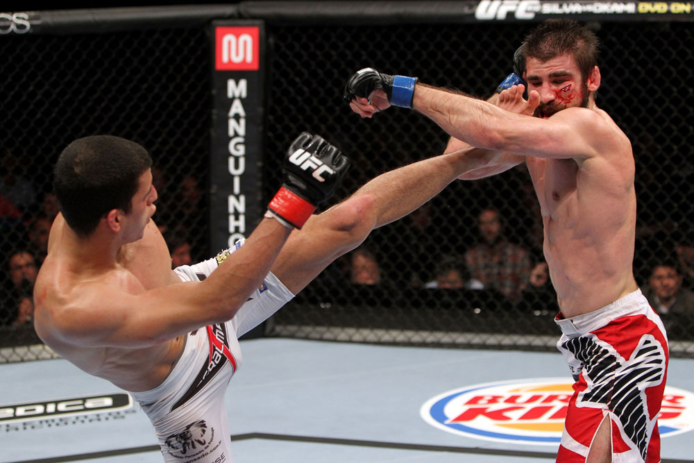 RIO DE JANEIRO, BRAZIL - JANUARY 14: Felipe Arantes kicks Antonio Carvalho in a featherweight bout during UFC 142 at HSBC Arena on January 14, 2012 in Rio de Janeiro, Brazil. (Photo by Josh Hedges/Zuffa LLC/Zuffa LLC via Getty Images)