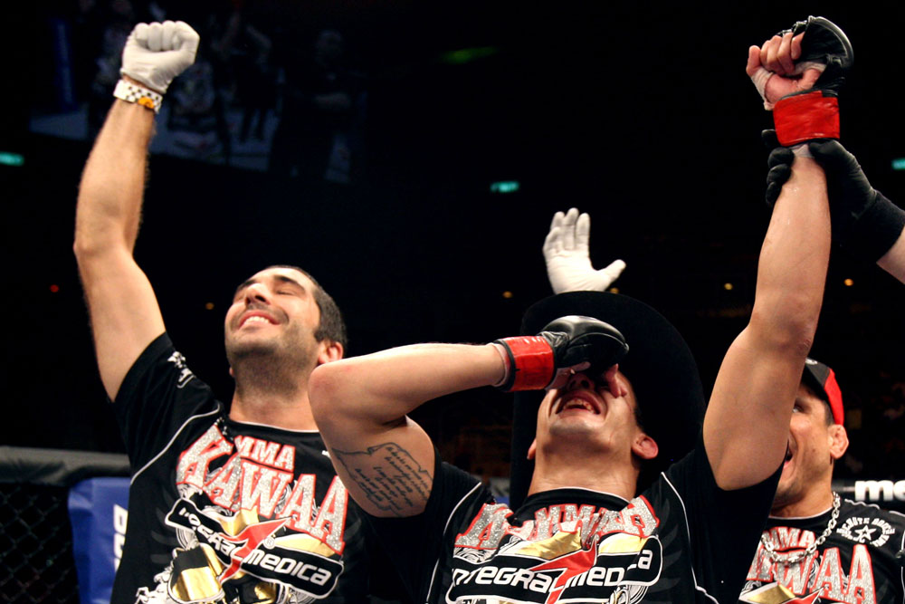 RIO DE JANEIRO, BRAZIL - JANUARY 14: Felipe Arantes celebrates after defeating Antonio Carvalho in a featherweight bout during UFC 142 at HSBC Arena on January 14, 2012 in Rio de Janeiro, Brazil. (Photo by Josh Hedges/Zuffa LLC/Zuffa LLC via Getty Images)