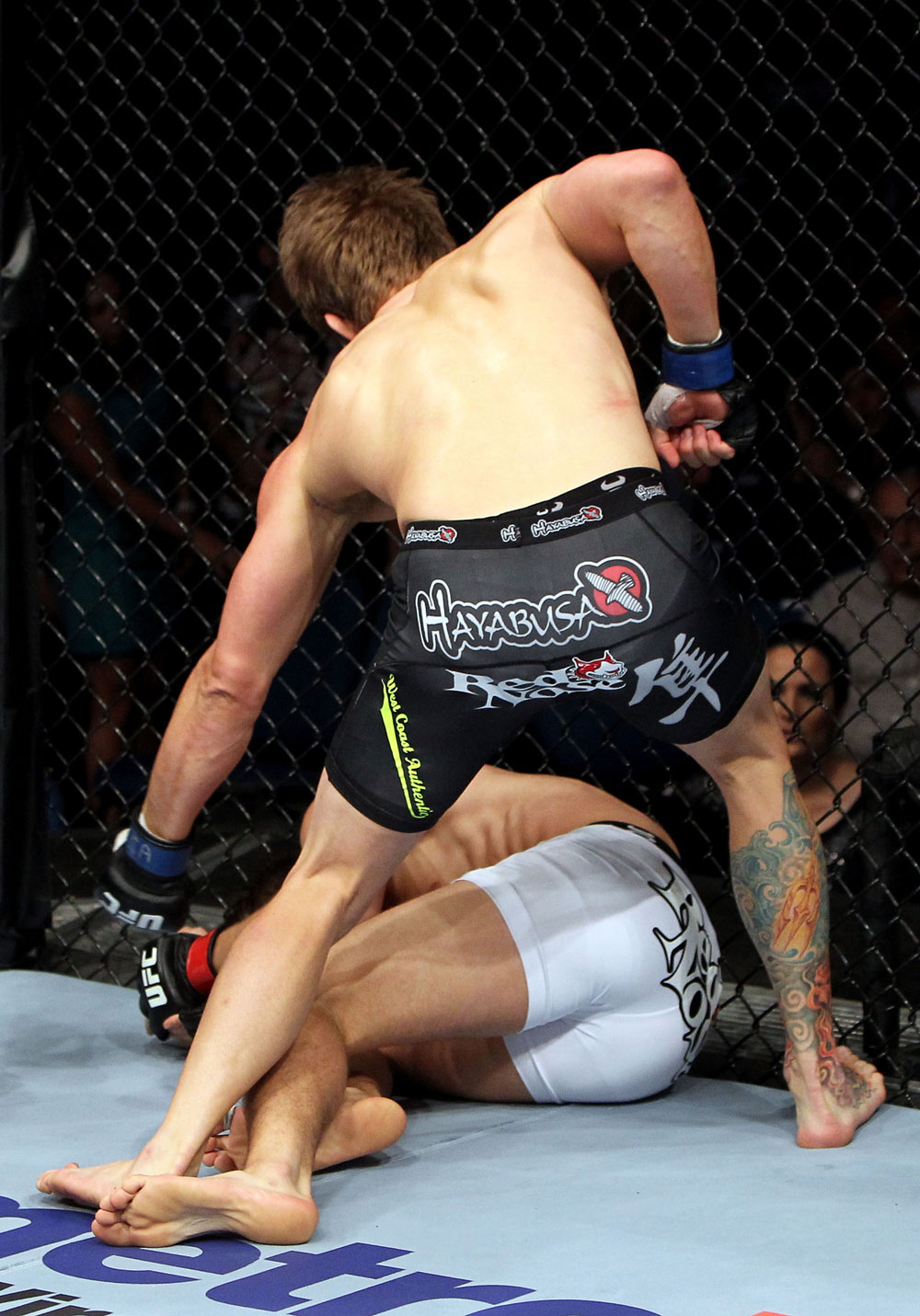 RIO DE JANEIRO, BRAZIL - JANUARY 14: Mike Pyle punches down Ricardo Funch in a welterweight bout during UFC 142 at HSBC Arena on January 14, 2012 in Rio de Janeiro, Brazil. (Photo by Josh Hedges/Zuffa LLC/Zuffa LLC via Getty Images)