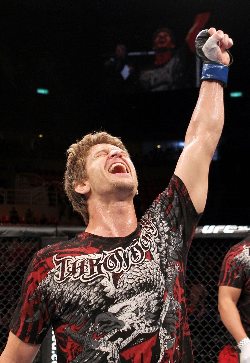 RIO DE JANEIRO, BRAZIL - JANUARY 14: Mike Pyle celebrates after defeating Ricardo Funch in a welterweight bout during UFC 142 at HSBC Arena on January 14, 2012 in Rio de Janeiro, Brazil. (Photo by Josh Hedges/Zuffa LLC/Zuffa LLC via Getty Images)