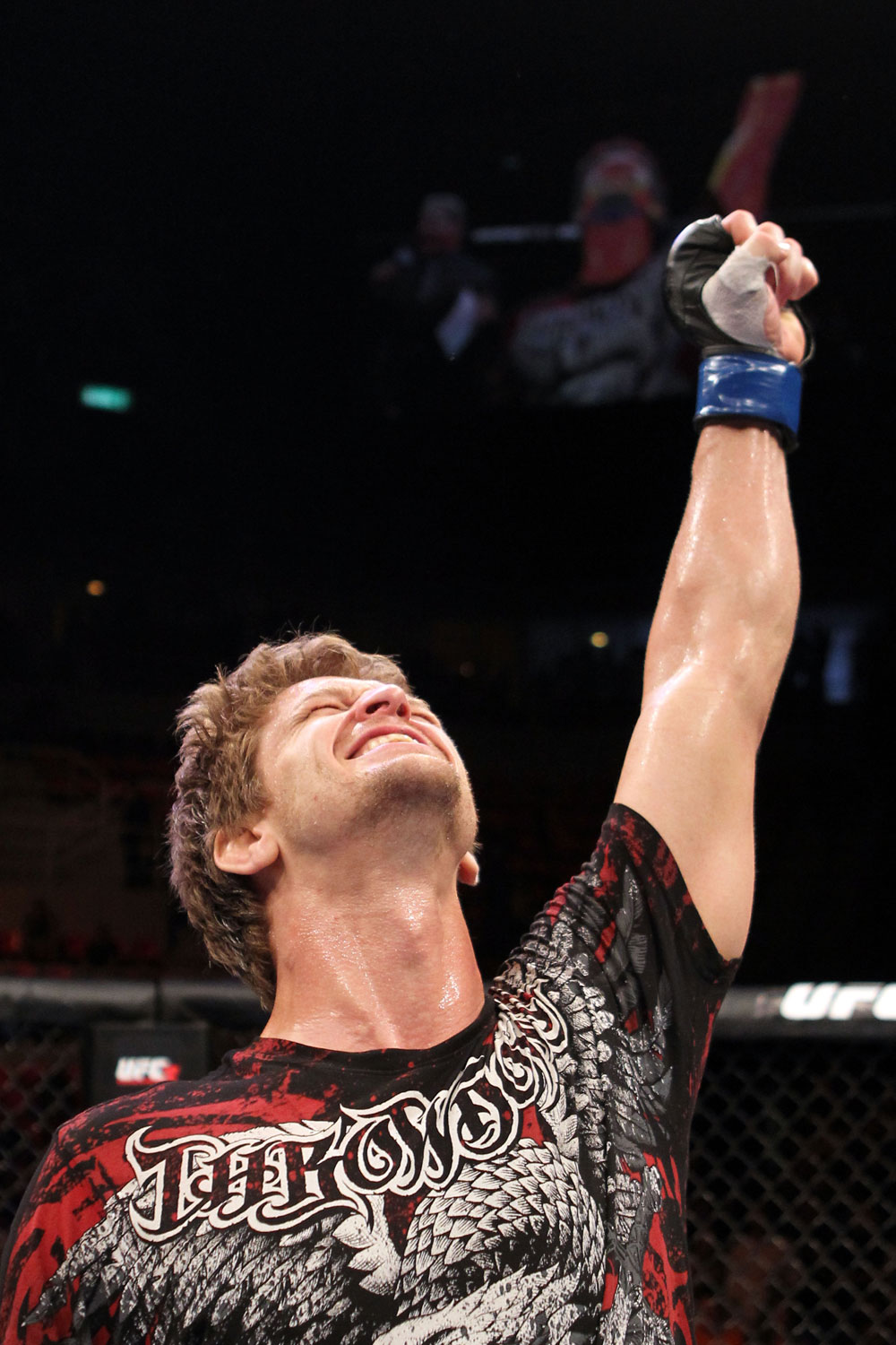 RIO DE JANEIRO, BRAZIL - JANUARY 14: Mike Pyle celebrates after defeating Ricardo Funch in a welterweight bout during UFC 142 at HSBC Arena on January 14, 2012 in Rio de Janeiro, Brazil. (Photo by Josh Hedges/Zuffa LLC/Zuffa LLC via Getty Images)