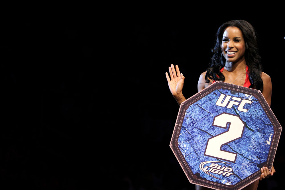 RIO DE JANEIRO, BRAZIL - JANUARY 14: UFC Octagon Girl Chandella Powell looks on during the Felipe Arantes versus Antonio Carvalho in a featherweight bout during UFC 142 at HSBC Arena on January 14, 2012 in Rio de Janeiro, Brazil. (Photo by Josh Hedges/Zuffa LLC/Zuffa LLC via Getty Images)