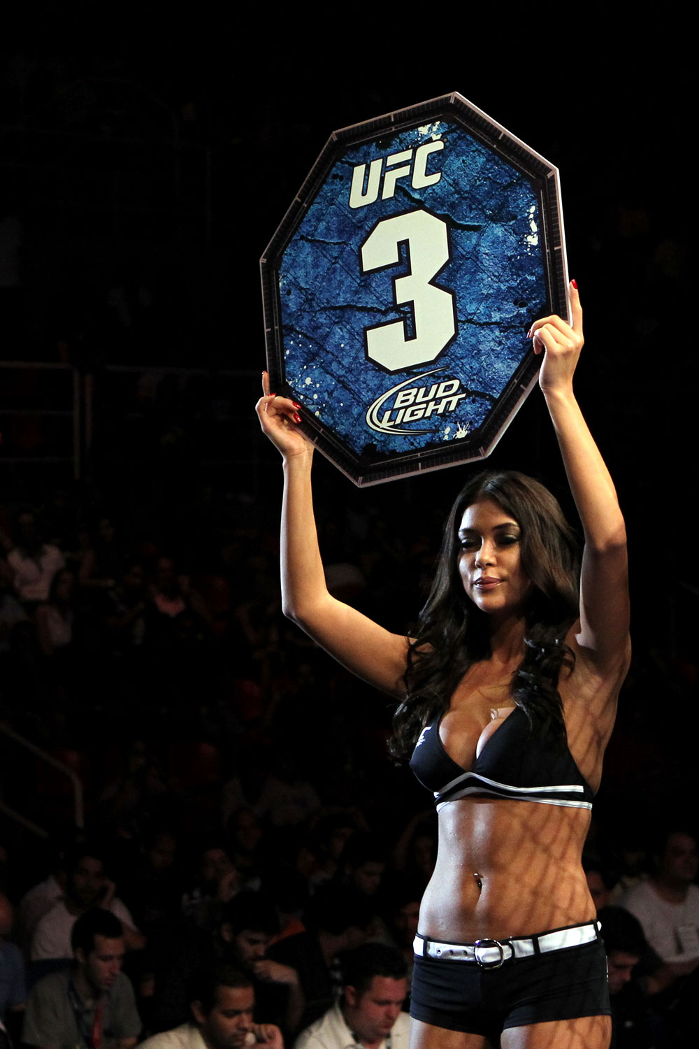 RIO DE JANEIRO, BRAZIL - JANUARY 14: UFC Octagon Girl Arianny Celeste looks on during the Ricardo Funch versus Mike Pyle in a welterweight bout during UFC 142 at HSBC Arena on January 14, 2012 in Rio de Janeiro, Brazil. (Photo by Josh Hedges/Zuffa LLC/Zuffa LLC via Getty Images)