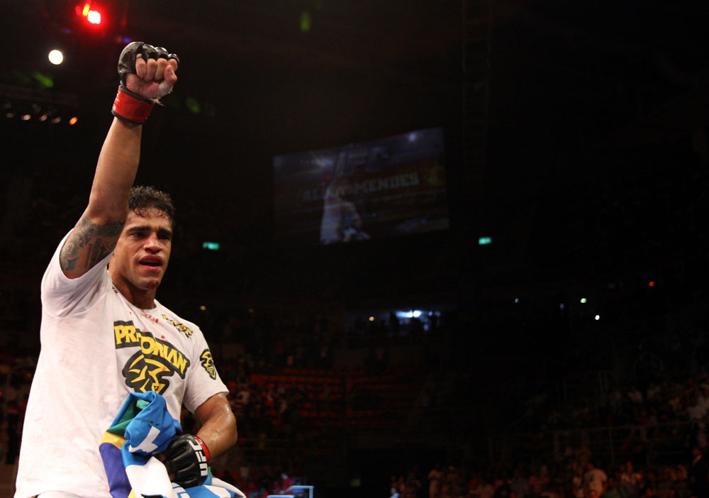 RIO DE JANEIRO, BRAZIL - JANUARY 14: Thiago Tavares celebrates after defeating Sam Stout in a lightweight bout during UFC 142 at HSBC Arena on January 14, 2012 in Rio de Janeiro, Brazil. (Photo by Josh Hedges/Zuffa LLC/Zuffa LLC via Getty Images)