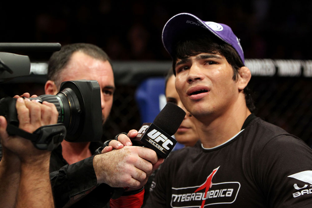 RIO DE JANEIRO, BRAZIL - JANUARY 14: Erick Silva (R) reacts to referee Mario Yamasaki (not pictured) decision for calling the welterweight bout in favor of Carlo Prater during UFC 142 at HSBC Arena on January 14, 2012 in Rio de Janeiro, Brazil. (Photo by Josh Hedges/Zuffa LLC/Zuffa LLC via Getty Images)