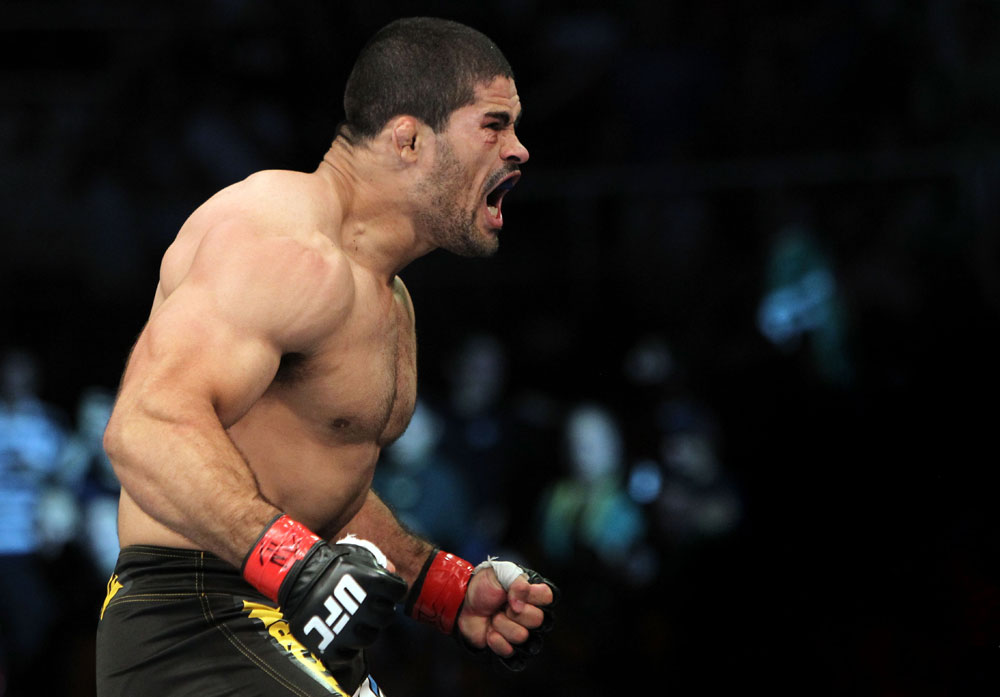 RIO DE JANEIRO, BRAZIL - JANUARY 14: Rousimar Palhares celebrates after defeating Mike Massenzio in a middleweight bout during UFC 142 at HSBC Arena on January 14, 2012 in Rio de Janeiro, Brazil. (Photo by Josh Hedges/Zuffa LLC/Zuffa LLC via Getty Images)