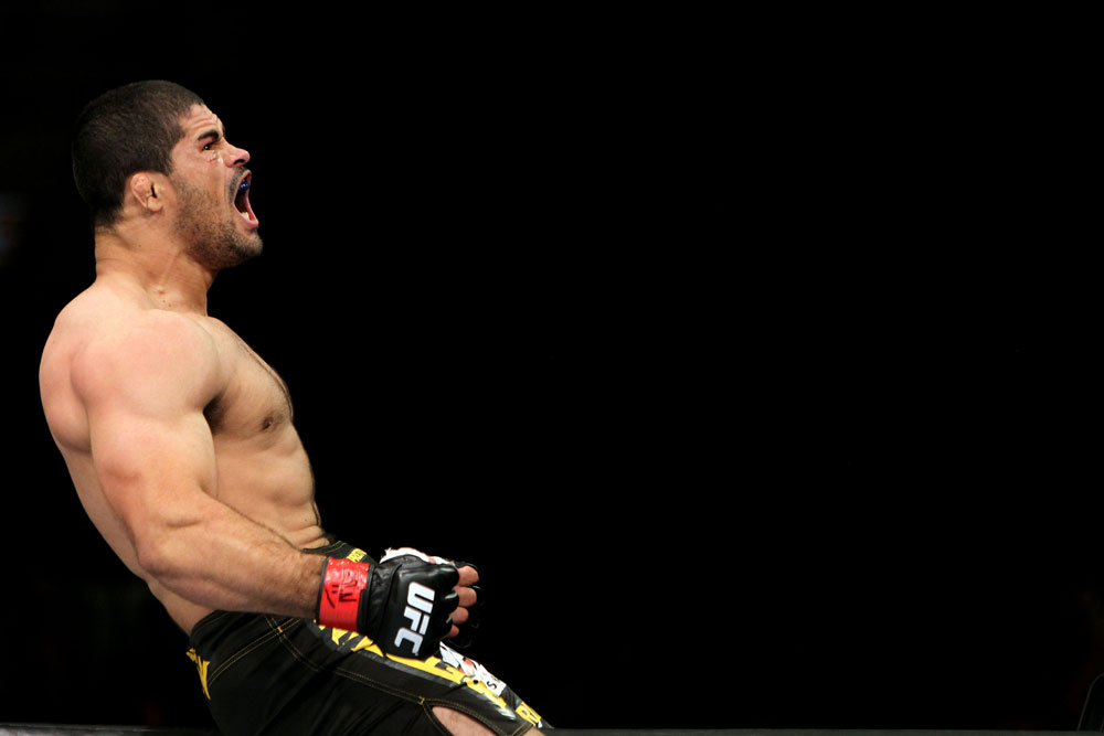 RIO DE JANEIRO, BRAZIL - JANUARY 14: Rousimar Palhares celebrates after defeating Mike Massenzio in a middleweight bout during UFC 142 at HSBC Arena on January 14, 2012 in Rio de Janeiro, Brazil. (Photo by Josh Hedges/Zuffa LLC/Zuffa LLC via Getty Images)