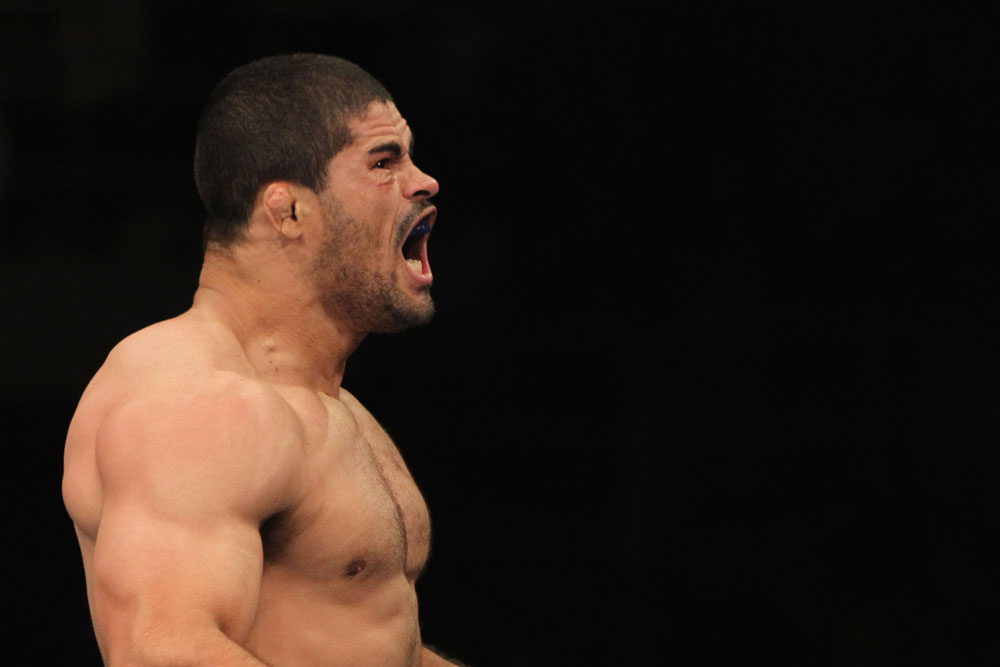 RIO DE JANEIRO, BRAZIL - JANUARY 14: Rousimar Palhares celebrates after defeating Mike Massenzio in a middleweight bout during UFC 142 at HSBC Arena on January 14, 2012 in Rio de Janeiro, Brazil. (Photo by Josh Hedges/Zuffa LLC/Zuffa LLC via Getty Images)