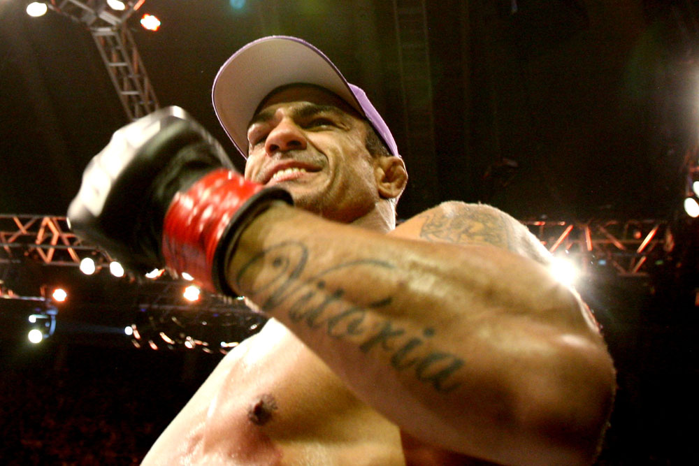 RIO DE JANEIRO, BRAZIL - JANUARY 14: Vitor Belfort celebrates defeating Anthony Johnson (not pictured) in a middleweight bout during UFC 142 at HSBC Arena on January 14, 2012 in Rio de Janeiro, Brazil. (Photo by Josh Hedges/Zuffa LLC/Zuffa LLC via Getty Images)