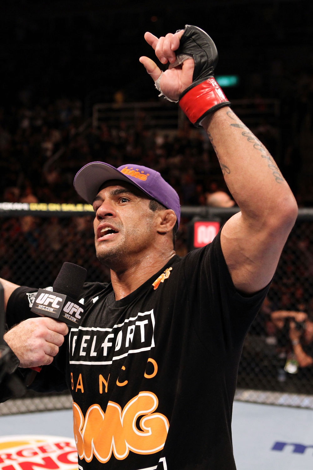RIO DE JANEIRO, BRAZIL - JANUARY 14: Vitor Belfort celebrates defeating Anthony Johnson (not pictured) in a middleweight bout during UFC 142 at HSBC Arena on January 14, 2012 in Rio de Janeiro, Brazil. (Photo by Josh Hedges/Zuffa LLC/Zuffa LLC via Getty Images)