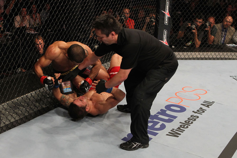RIO DE JANEIRO, BRAZIL - JANUARY 14: Jose Aldo punches Chad Mendes on the ground in a featherweight bout during UFC 142 at HSBC Arena on January 14, 2012 in Rio de Janeiro, Brazil. (Photo by Josh Hedges/Zuffa LLC/Zuffa LLC via Getty Images)