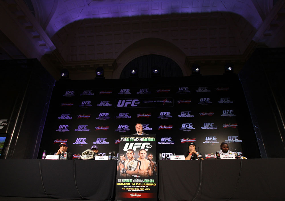 RIO DE JANEIRO, BRAZIL - JANUARY 12:  A general view of the fighters on the dais during the final UFC 142 pre-fight press conference at the Copacabana Palace Hotel on January 12, 2012 in Rio de Janeiro, Brazil.  (Photo by Josh Hedges/Zuffa LLC/Zuffa LLC via Getty Images)