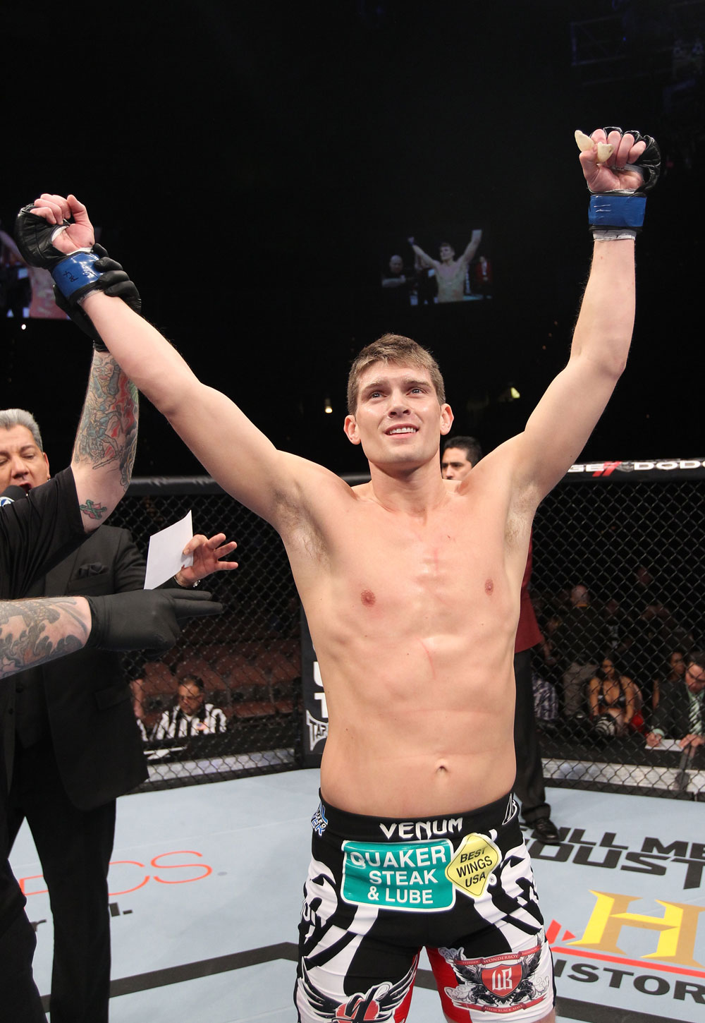 LAS VEGAS, NV - FEBRUARY 04:  Stephen Thompson is declared the winner in his fight with Dan Stittgen during the UFC 143 event at Mandalay Bay Events Center on February 4, 2012 in Las Vegas, Nevada.  (Photo by Nick Laham/Zuffa LLC/Zuffa LLC via Getty Images) *** Local Caption *** Stephen Thompson