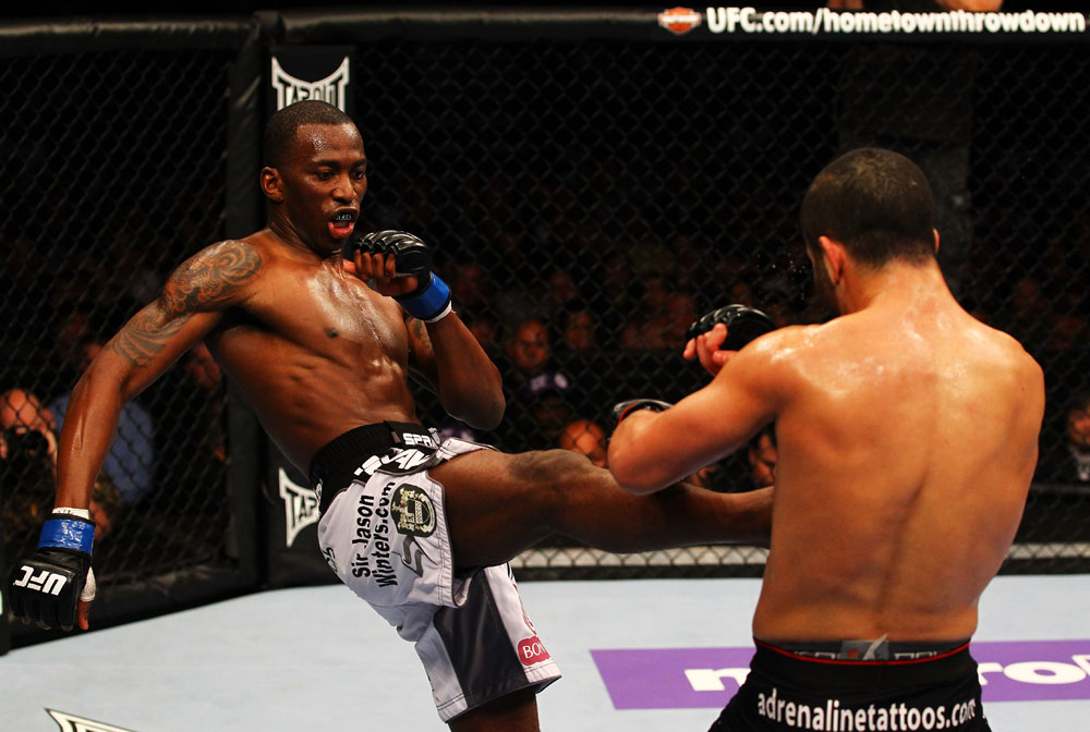 ATLANTA, GA - APRIL 21:  Anthony Njokuani (L) kicks John Makdessi during their lightweight bout for UFC 145 at Philips Arena on April 21, 2012 in Atlanta, Georgia.  (Photo by Al Bello/Zuffa LLC/Zuffa LLC via Getty Images)