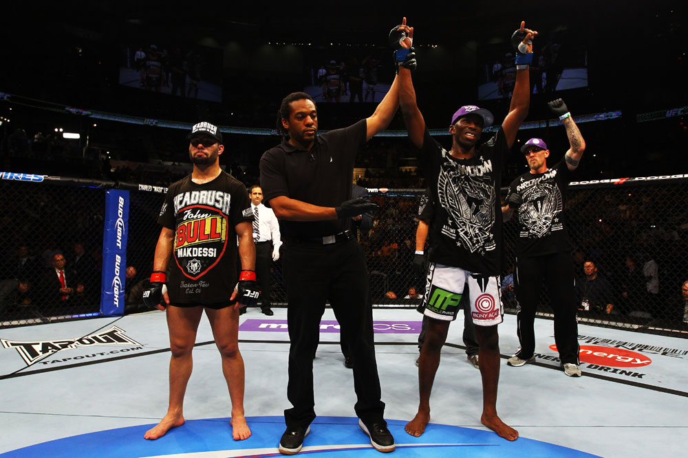 ATLANTA, GA - APRIL 21:  Anthony Njokuani (R) celebrates after defeating John Makdessi (L) by unanimous decision during their lightweight bout for UFC 145 at Philips Arena on April 21, 2012 in Atlanta, Georgia.  (Photo by Al Bello/Zuffa LLC/Zuffa LLC via Getty Images)