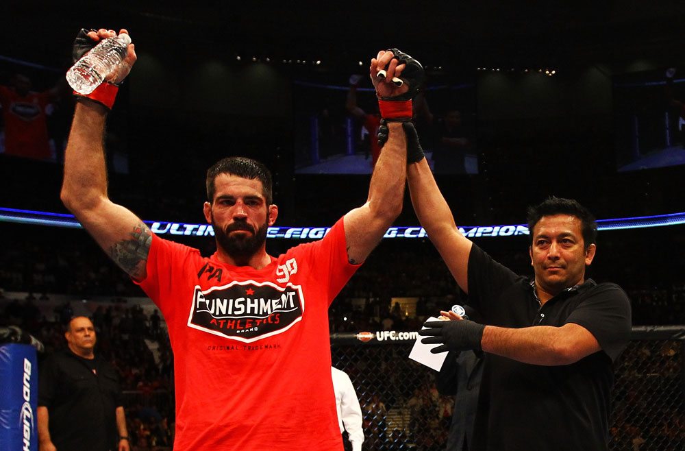 ATLANTA, GA - APRIL 21:  Matt Brown (L) celebrates defeating Stephen Thompson dy unanimous decision during their welterweight bout for UFC 145 at Philips Arena on April 21, 2012 in Atlanta, Georgia.  (Photo by Al Bello/Zuffa LLC/Zuffa LLC via Getty Images)