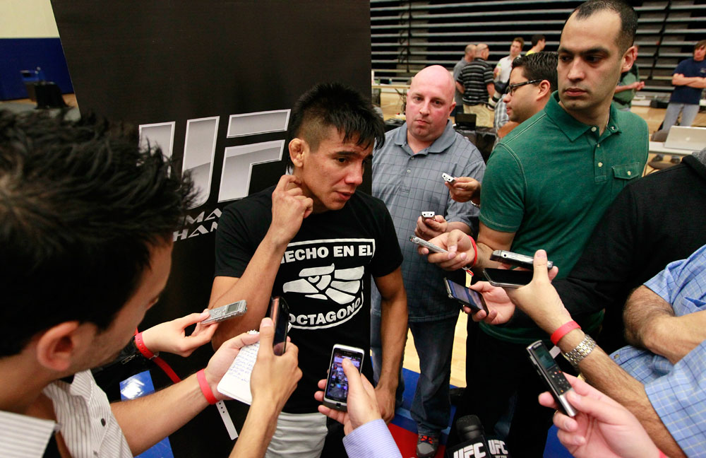 ATLANTA, GA - APRIL 19: Miguel Angel Torres converses with media during UFC 145 open workouts at GSU Sports Arena on April 19, 2012 in Atlanta, Georgia. (Photo by Kevin C. Cox/Zuffa LLC/Zuffa LLC via Getty Images)