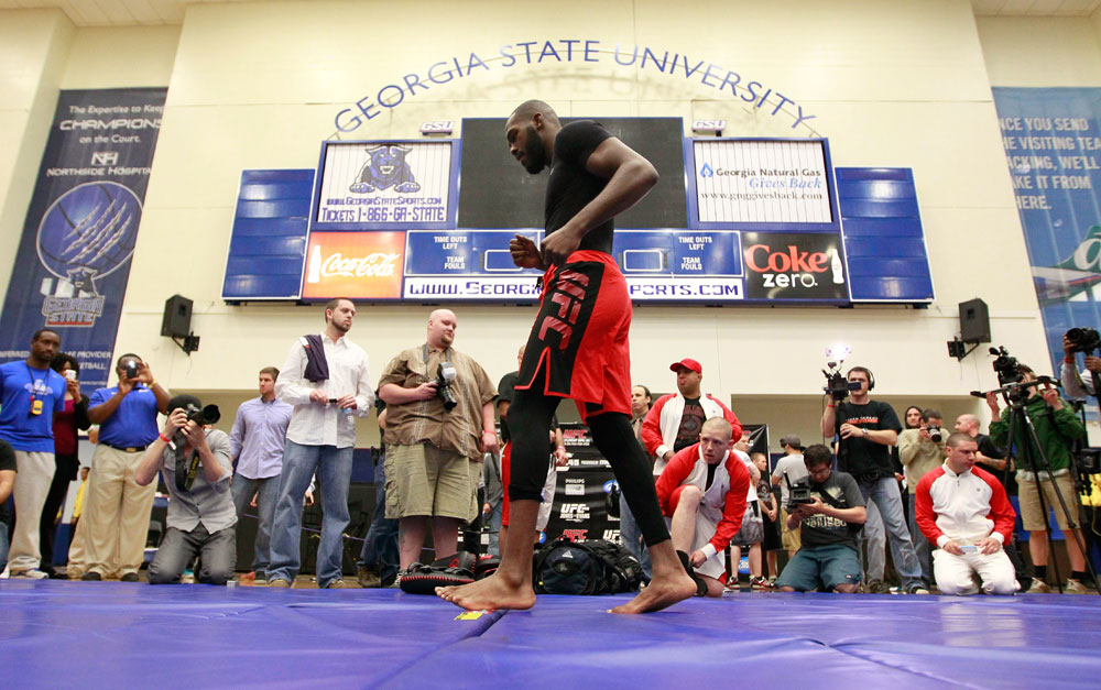 ATLANTA, GA - APRIL 19: Jon Jones works out for the media during UFC 145 open workouts at GSU Sports Arena on April 19, 2012 in Atlanta, Georgia. (Photo by Kevin C. Cox/Zuffa LLC/Zuffa LLC via Getty Images)