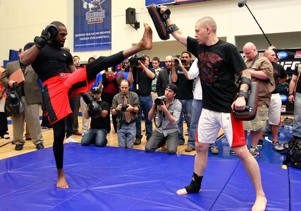 ATLANTA, GA - APRIL 19: Jon Jones works out for the media during UFC 145 open workouts at GSU Sports Arena on April 19, 2012 in Atlanta, Georgia. (Photo by Kevin C. Cox/Zuffa LLC/Zuffa LLC via Getty Images)