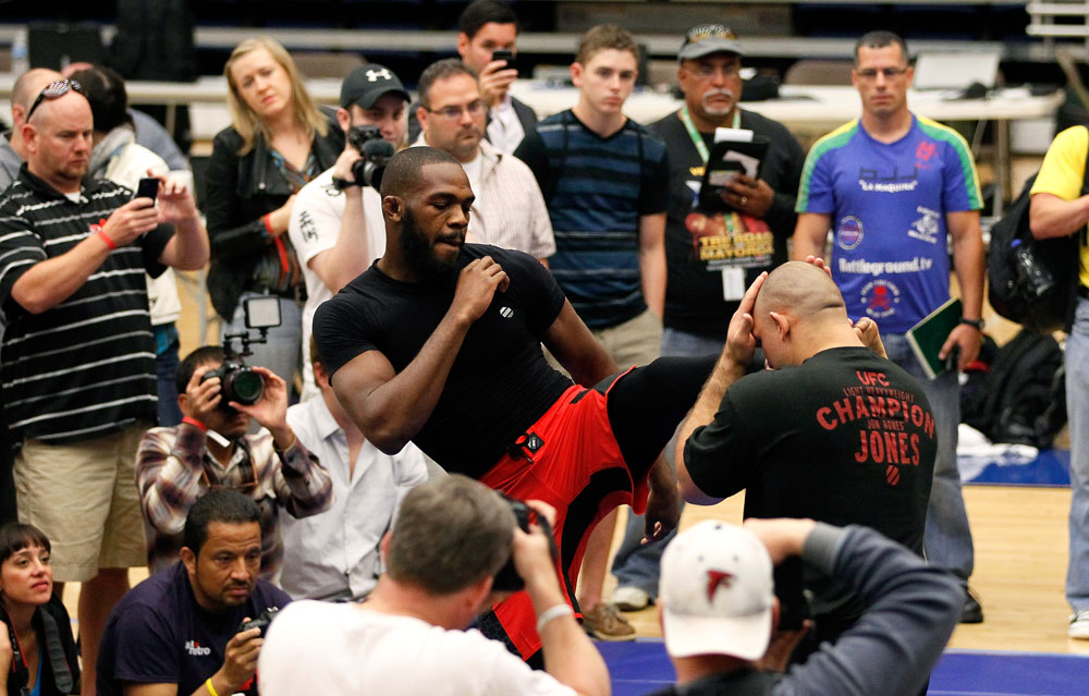 ATLANTA, GA - APRIL 19: Jon Jones works out for the media during UFC 145 open workouts at GSU Sports Arena on April 19, 2012 in Atlanta, Georgia. (Photo by Kevin C. Cox/Zuffa LLC/Zuffa LLC via Getty Images)