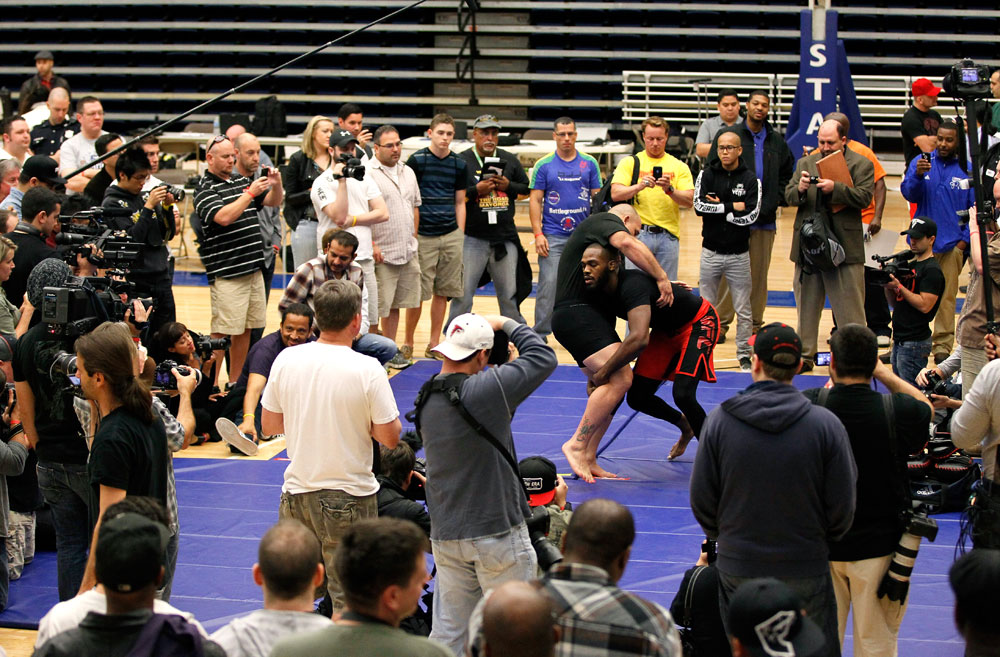ATLANTA, GA - APRIL 19: Jon Jones works out for the media during UFC 145 open workouts at GSU Sports Arena on April 19, 2012 in Atlanta, Georgia. (Photo by Kevin C. Cox/Zuffa LLC/Zuffa LLC via Getty Images)