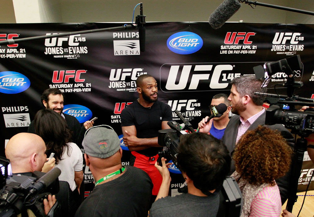 ATLANTA, GA - APRIL 19: Jon Jones speaks with the media after his UFC 145 open workouts at GSU Sports Arena on April 19, 2012 in Atlanta, Georgia. (Photo by Kevin C. Cox/Zuffa LLC/Zuffa LLC via Getty Images)