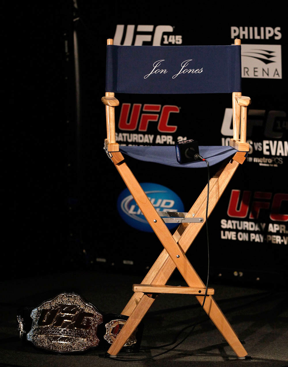 ATLANTA, GA - APRIL 18:  Jon Jones' chair and Light Heavyweight Championship belt is seen prior to the press conference for his UFC 145 bout against Rashad Evans at Park Tavern on April 18, 2012 in Atlanta, Georgia.  (Photo by Kevin C. Cox/Zuffa LLC/Zuffa LLC via Getty Images)