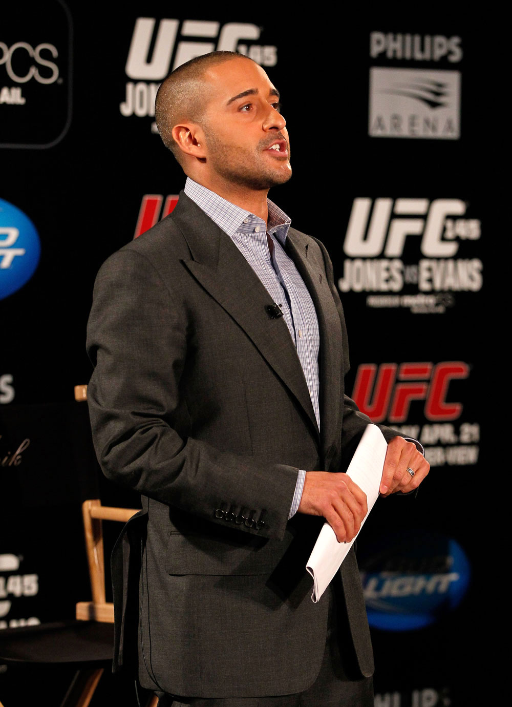 ATLANTA, GA - APRIL 18: UFC host Jon Anik converses with the media prior to the press conference for the UFC 145 bout between Jon Jones and Rashad Evans at Park Tavern on April 18, 2012 in Atlanta, Georgia. (Photo by Kevin C. Cox/Zuffa LLC/Zuffa LLC via Getty Images)