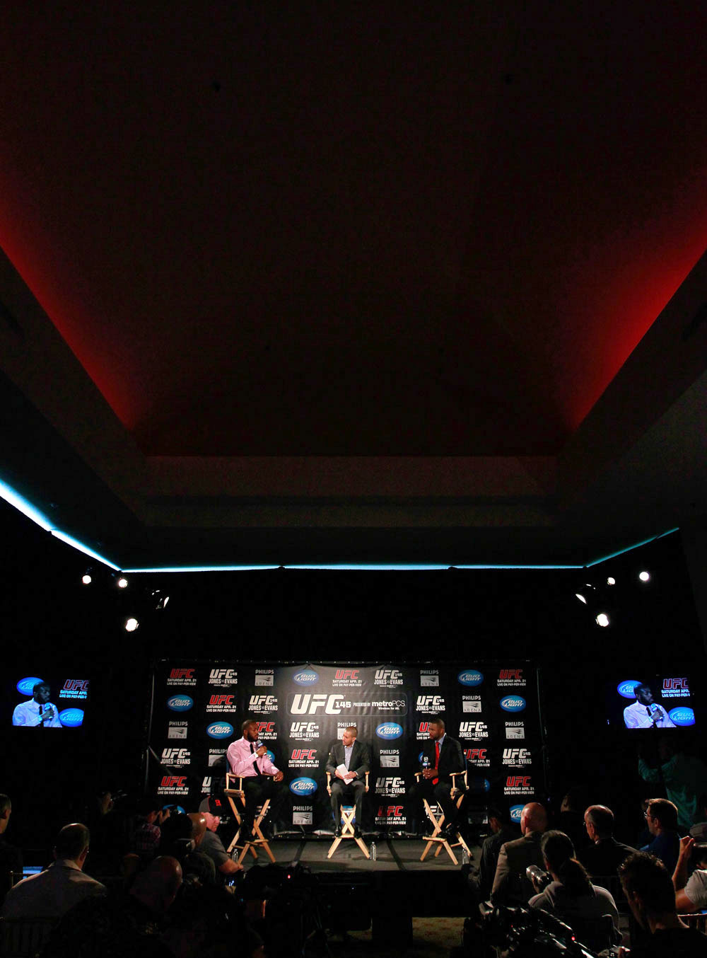 ATLANTA, GA - APRIL 18: Jon Jones and Rashad Evans converse with the media during the press conference for their UFC 145 bout at Park Tavern on April 18, 2012 in Atlanta, Georgia. (Photo by Kevin C. Cox/Zuffa LLC/Zuffa LLC via Getty Images)