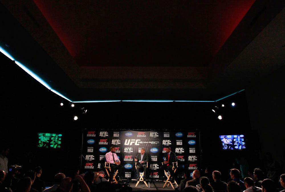 ATLANTA, GA - APRIL 18: Jon Jones and Rashad Evans converse with the media during the press conference for their UFC 145 bout at Park Tavern on April 18, 2012 in Atlanta, Georgia. (Photo by Kevin C. Cox/Zuffa LLC/Zuffa LLC via Getty Images)