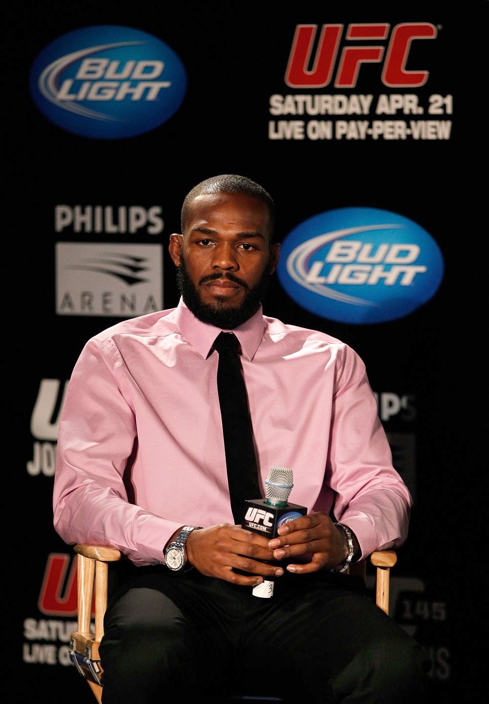 ATLANTA, GA - APRIL 18: Jon Jones converses with the media during the press conference for his UFC 145 bout against Rashad Evans at Park Tavern on April 18, 2012 in Atlanta, Georgia. (Photo by Kevin C. Cox/Zuffa LLC/Zuffa LLC via Getty Images)
